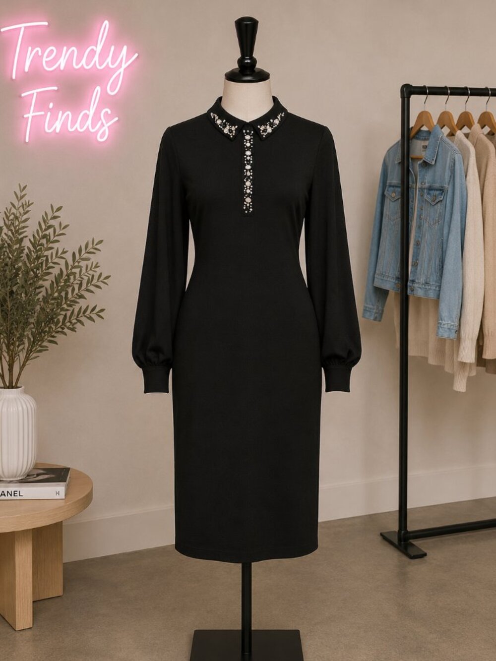 Karl Lagerfeld Black Embellished Long Sleeve Dress